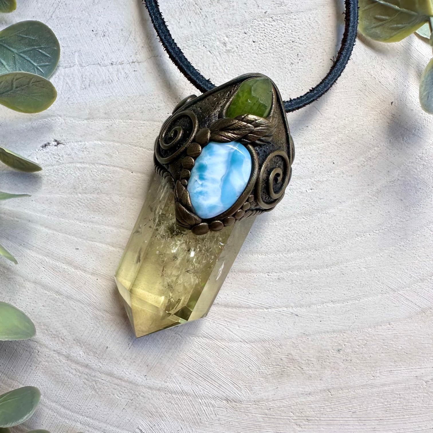 Polished citrine with raw peridot and larimar healing crystal wand necklace