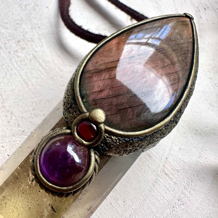 Citrine wand pendant necklace with Pink Labradorite, Amethyst and Rhodolite Garnet handmade with natural gemstones