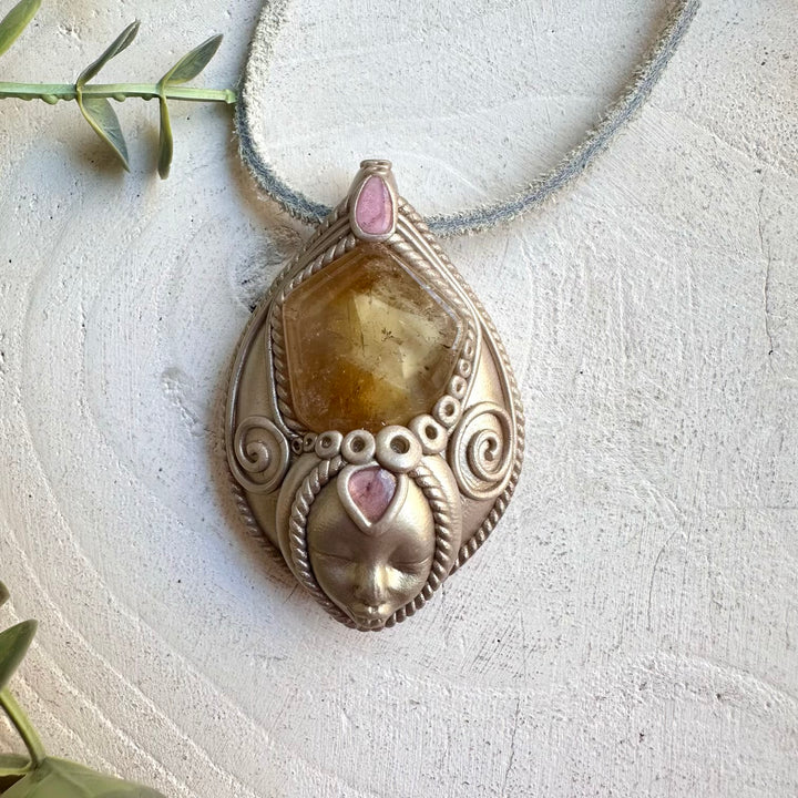 Citrine and Pink Tourmaline goddess pendant necklace