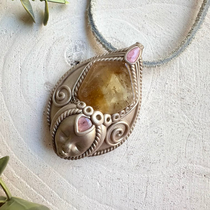 Crystal talisman necklace with citrine and pink tourmaline healing crystals