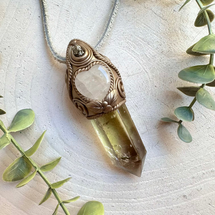 Handmade Citrine Point Pendant with Quartz Heart & Pyrite – Manifestation Crystal Necklace