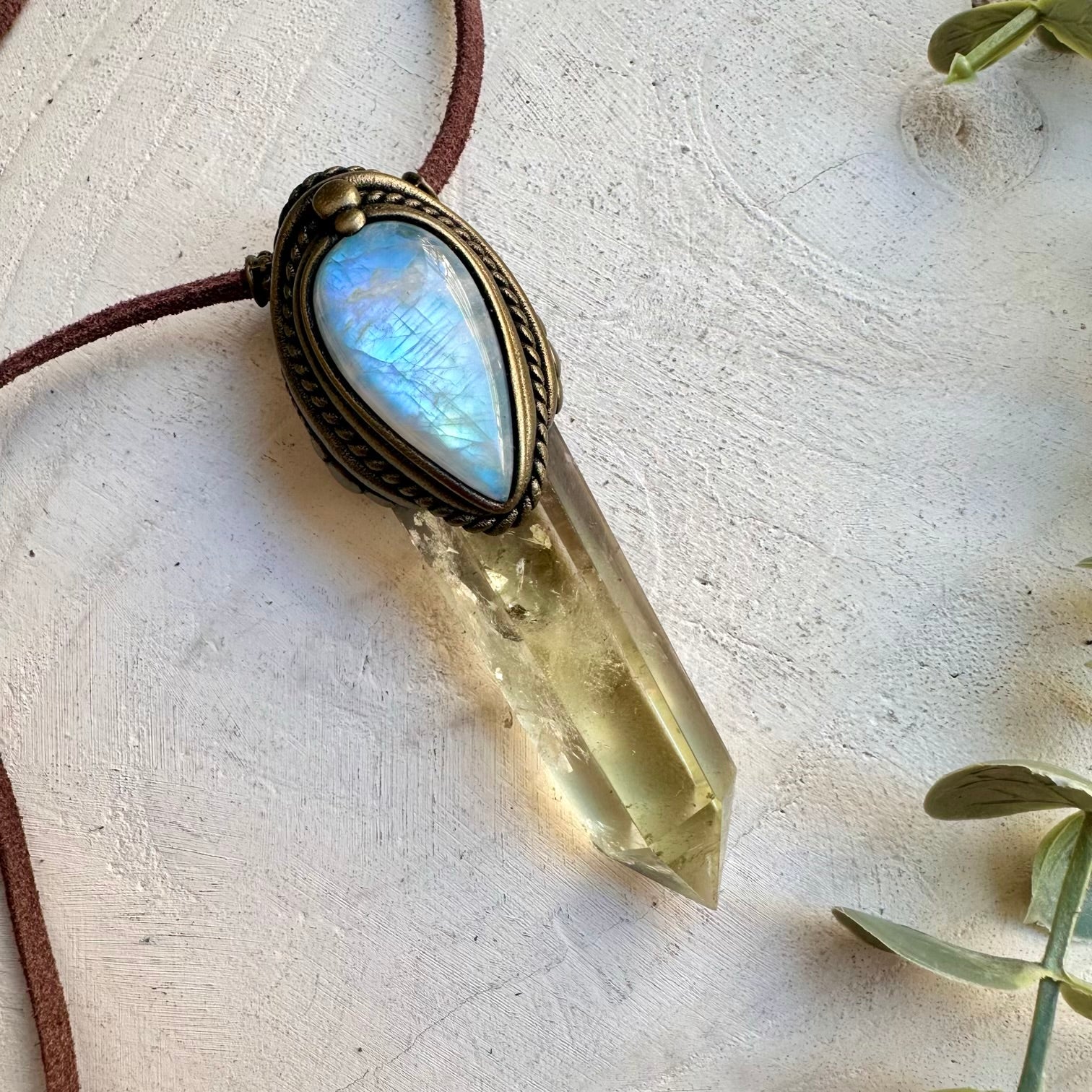 Natural gemstone jewelry necklace with citrine and rainbow moonstone