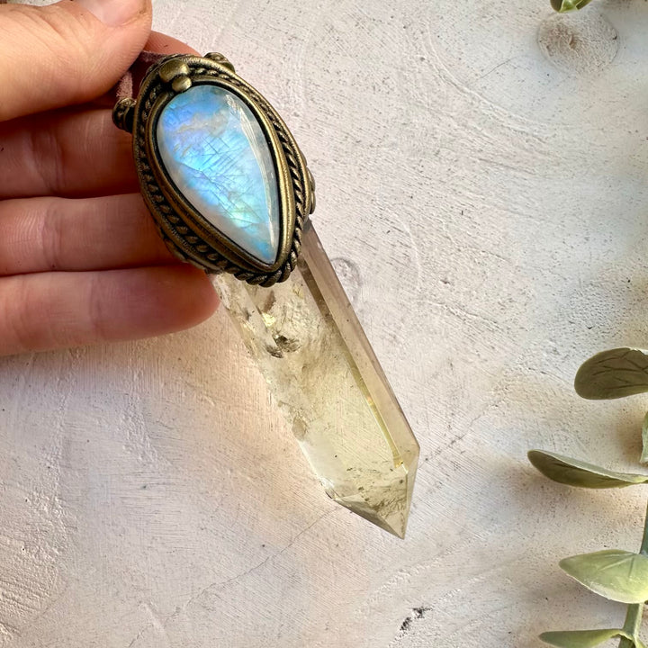 Handmade healing crystal necklace with citrine point and moonstone