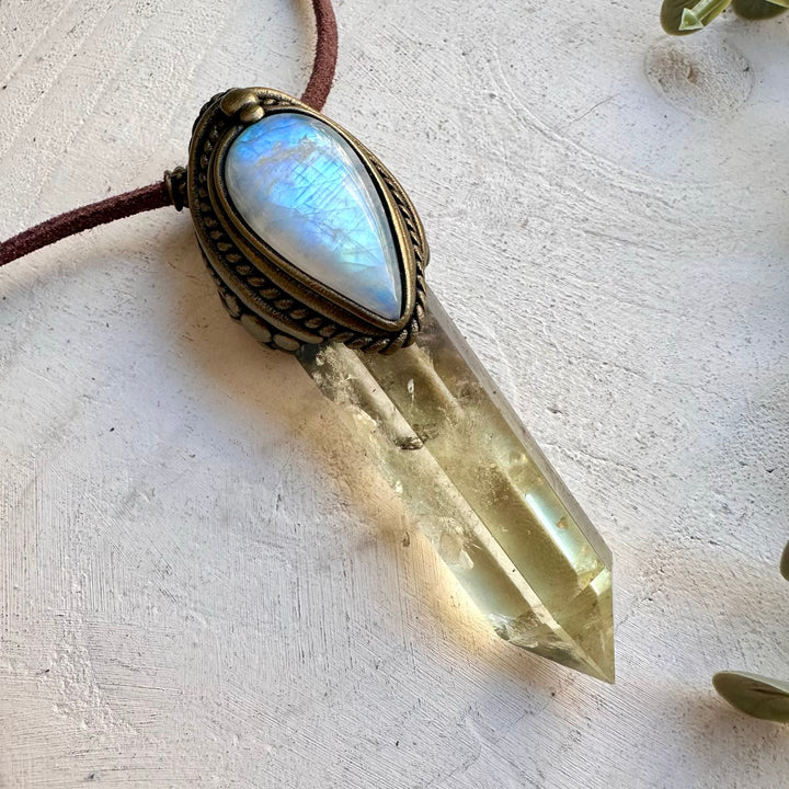 Polished citrine and rainbow moonstone healing crystal jewelry