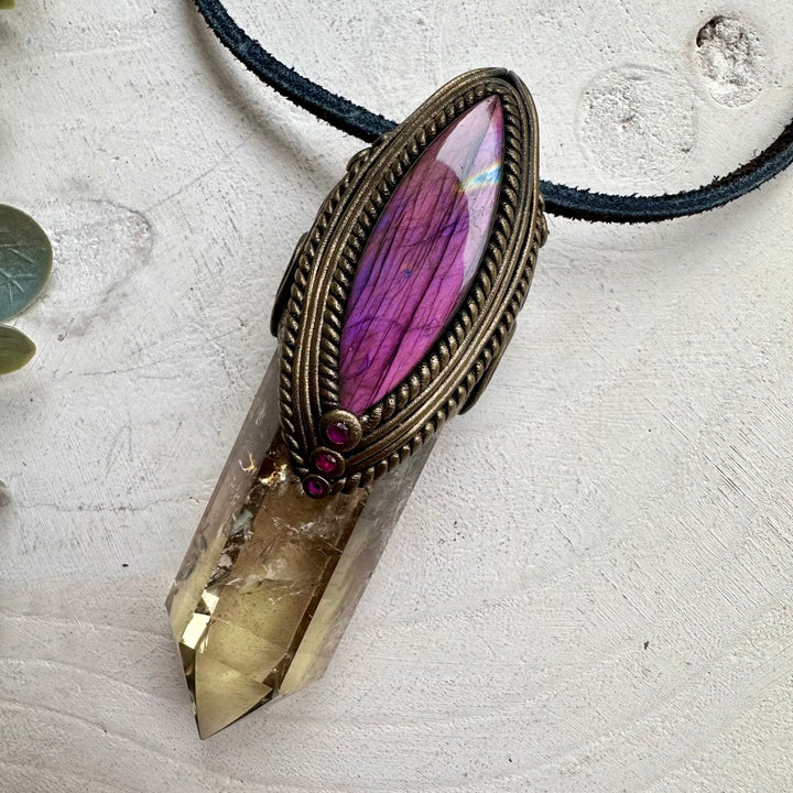 Citrine point with purple labradorite and ruby wand necklace