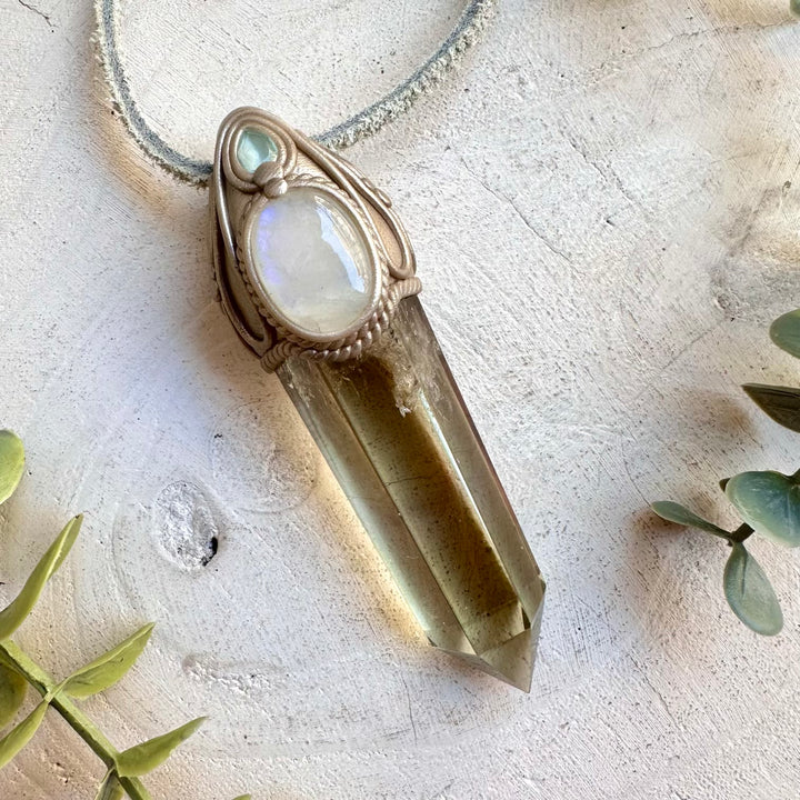Citrine Crystal Wand Necklace with Rainbow Moonstone & Blue Topaz – Handmade Gemstone Jewelry