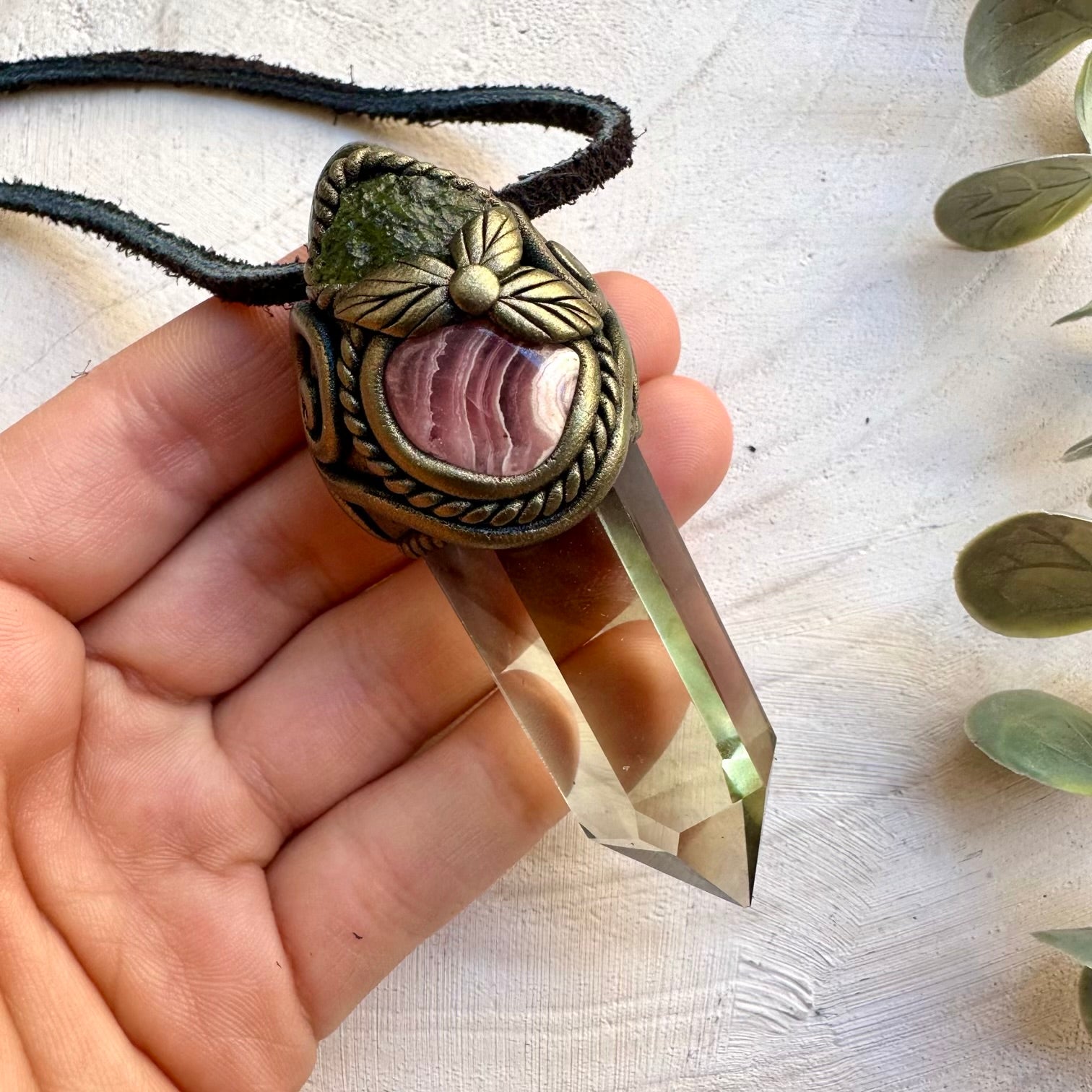 Citrine point rhodochrosite raw moldavite necklace