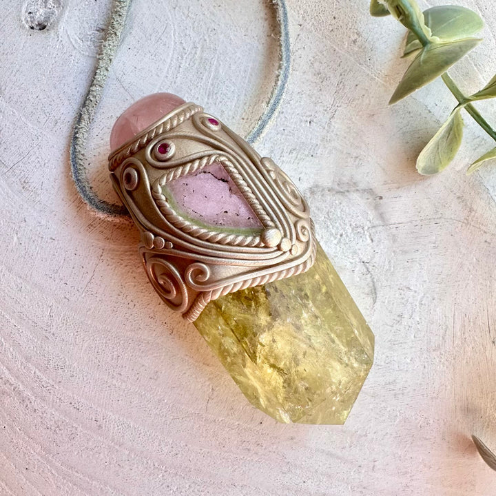Crystal talisman wand necklace with watermelon tourmaline and rose quartz healing energy