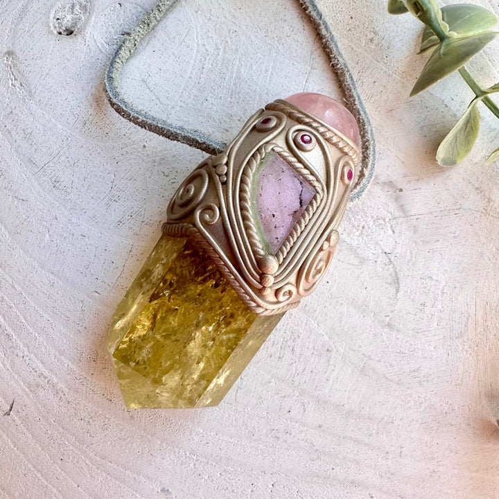 Handmade healing crystal tool with Citrine Point with Rose Quartz Watermelon Tourmaline and Ruby crystals