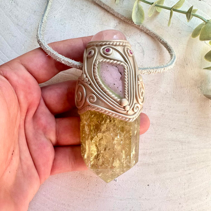 Citrine Point with Rose Quartz Watermelon Tourmaline and Ruby crystal wand pendant necklace handmade healing crystal tool