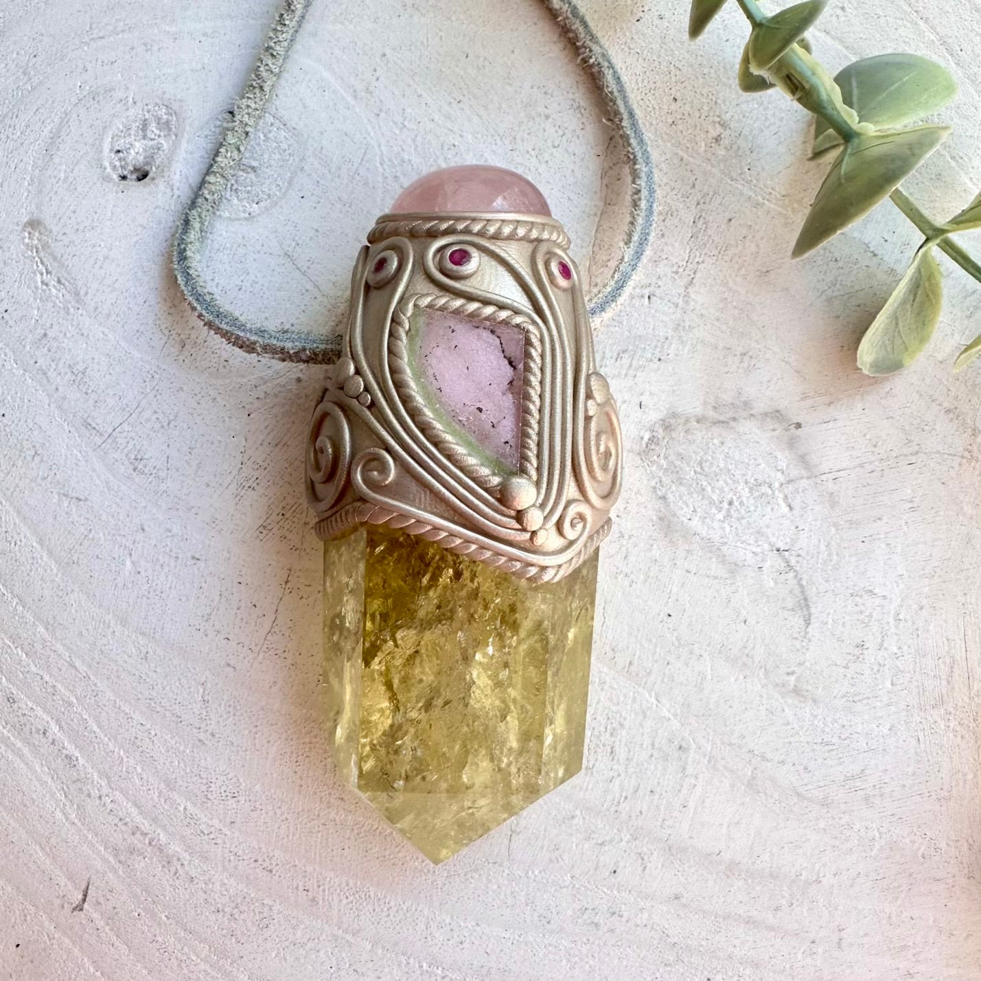 Citrine Point with Rose Quartz Watermelon Tourmaline and Ruby crystal wand