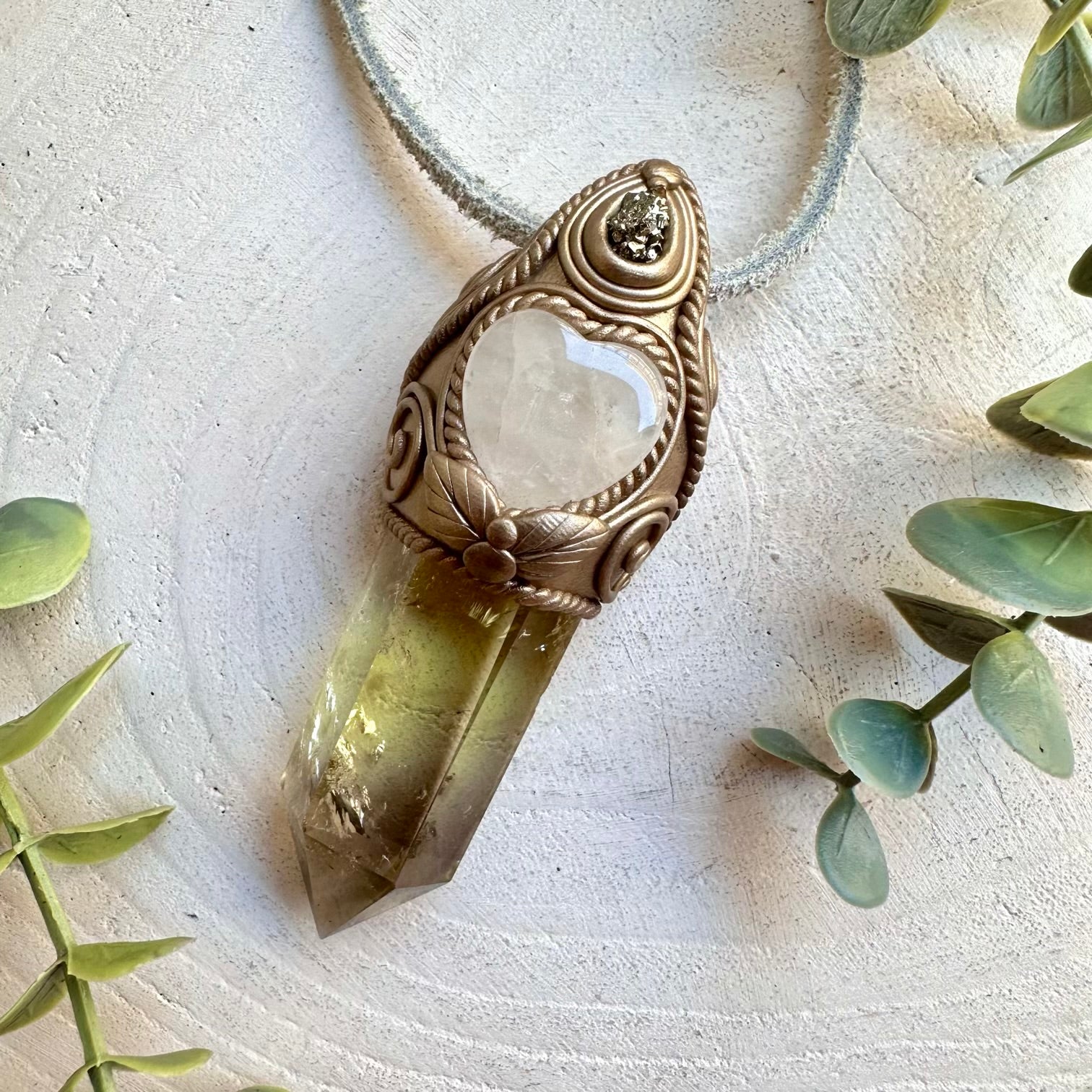 Healing Crystal Wand Necklace – Citrine, Clear Quartz Heart & Pyrite Jewelry