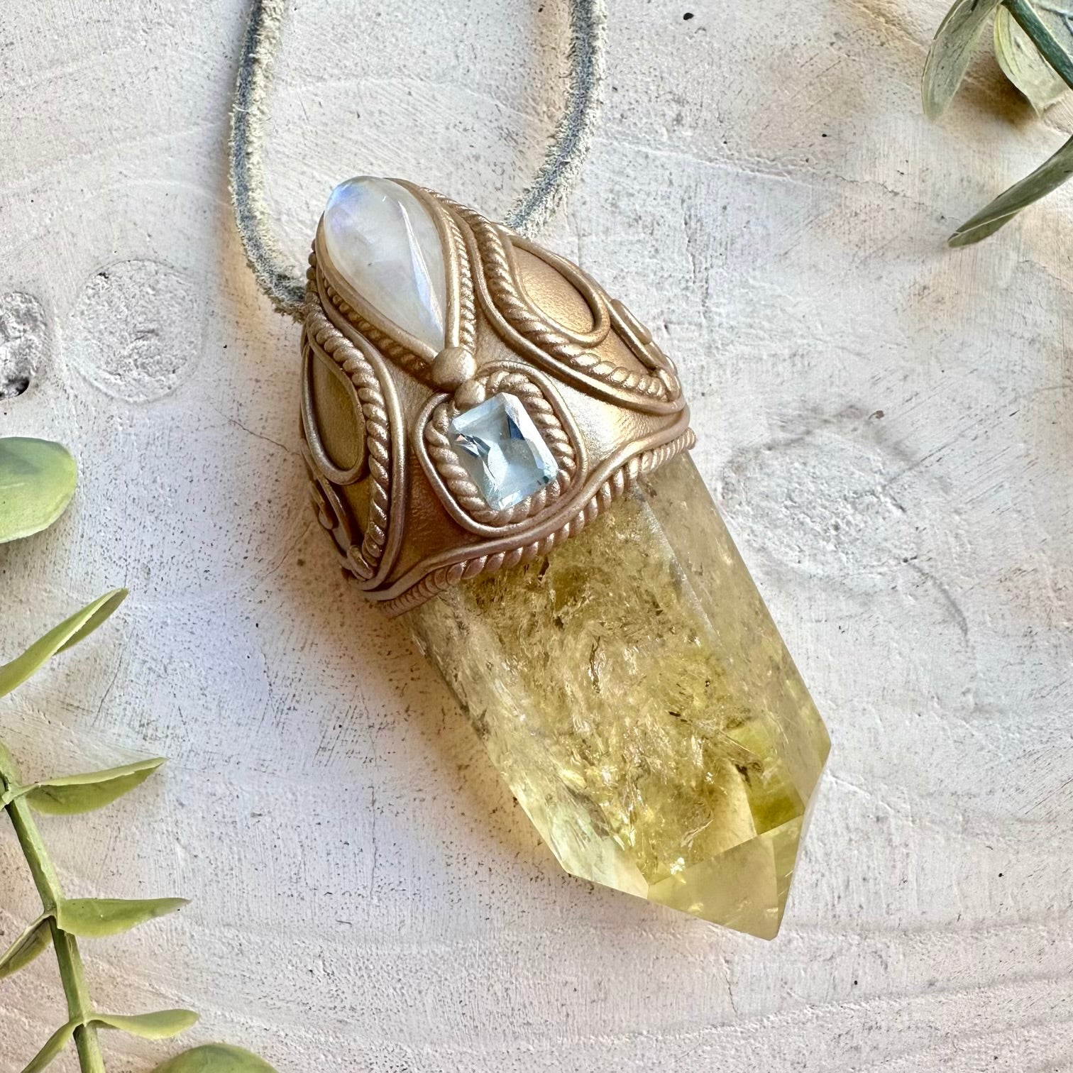 Handmade crystal wand with citrine moonstone and blue topaz for manifestation and intuition