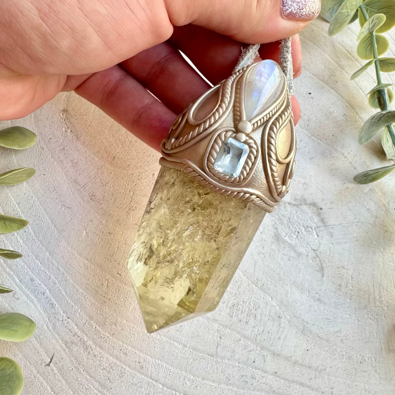 Citrine with Rainbow Moonstone and Blue Topaz crystal wand pendant necklace handmade healing crystal tool