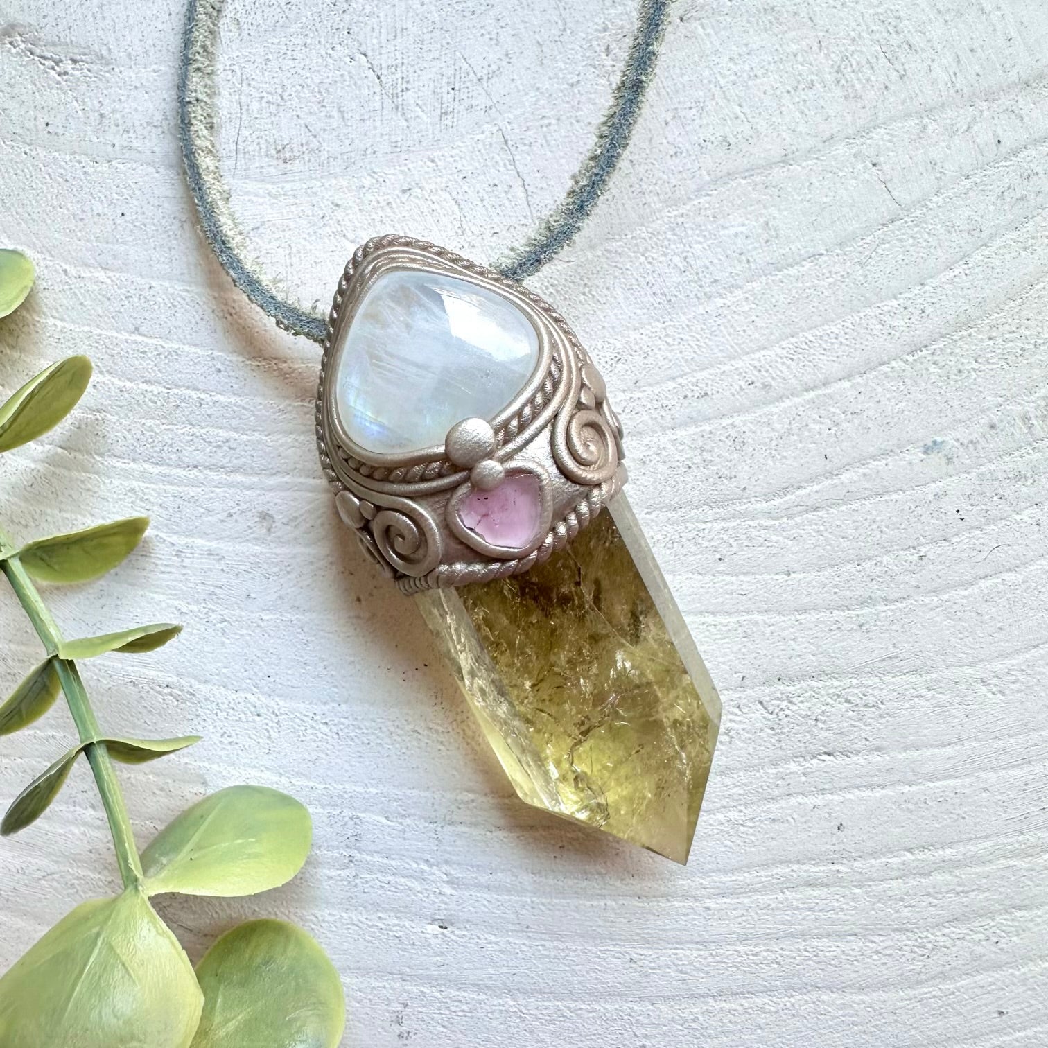 Citrine with Rainbow Moonstone and Pink Tourmaline wand pendant necklace handmade