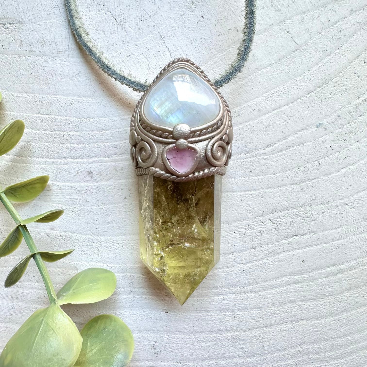 Citrine with Rainbow Moonstone and Pink Tourmaline healing crystal wand
