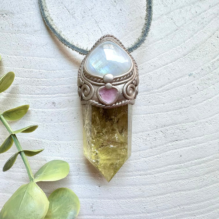 Citrine with Rainbow Moonstone and Pink Tourmaline healing crystal wand