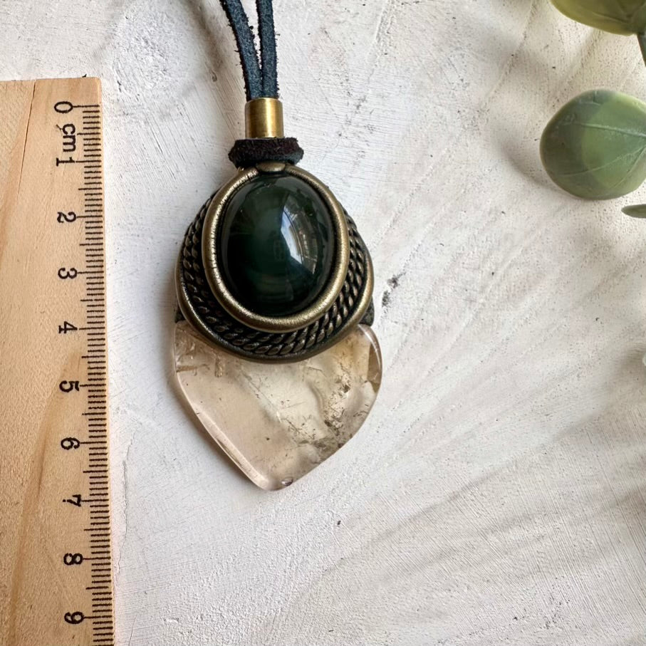 Crystal healing necklace with polished citrine and rainbow obsidian