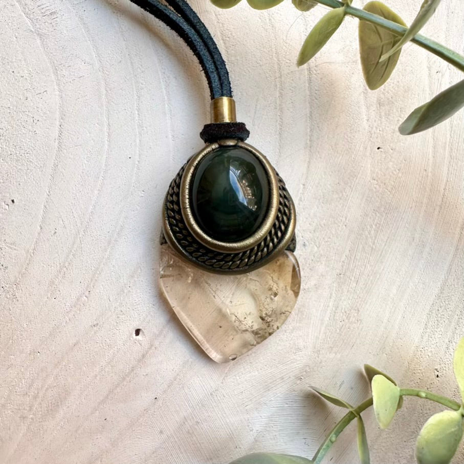 Natural citrine paired with rainbow obsidian in a handmade pendant necklace