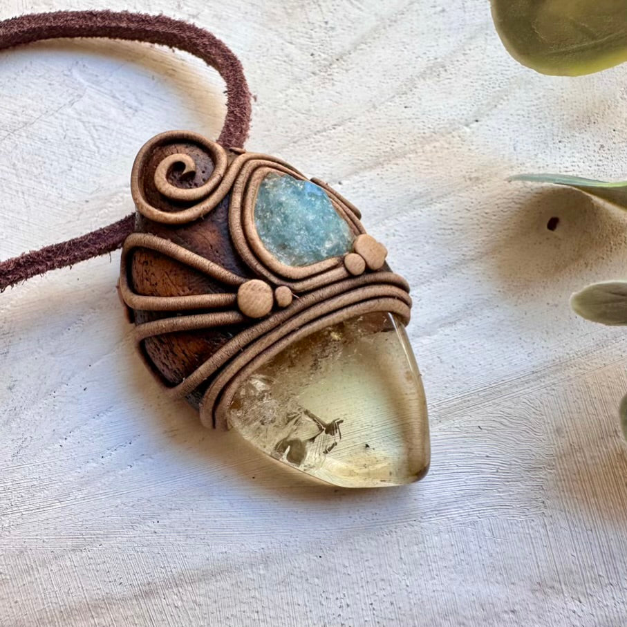 Handmade necklace featuring polished citrine and raw aquamarine