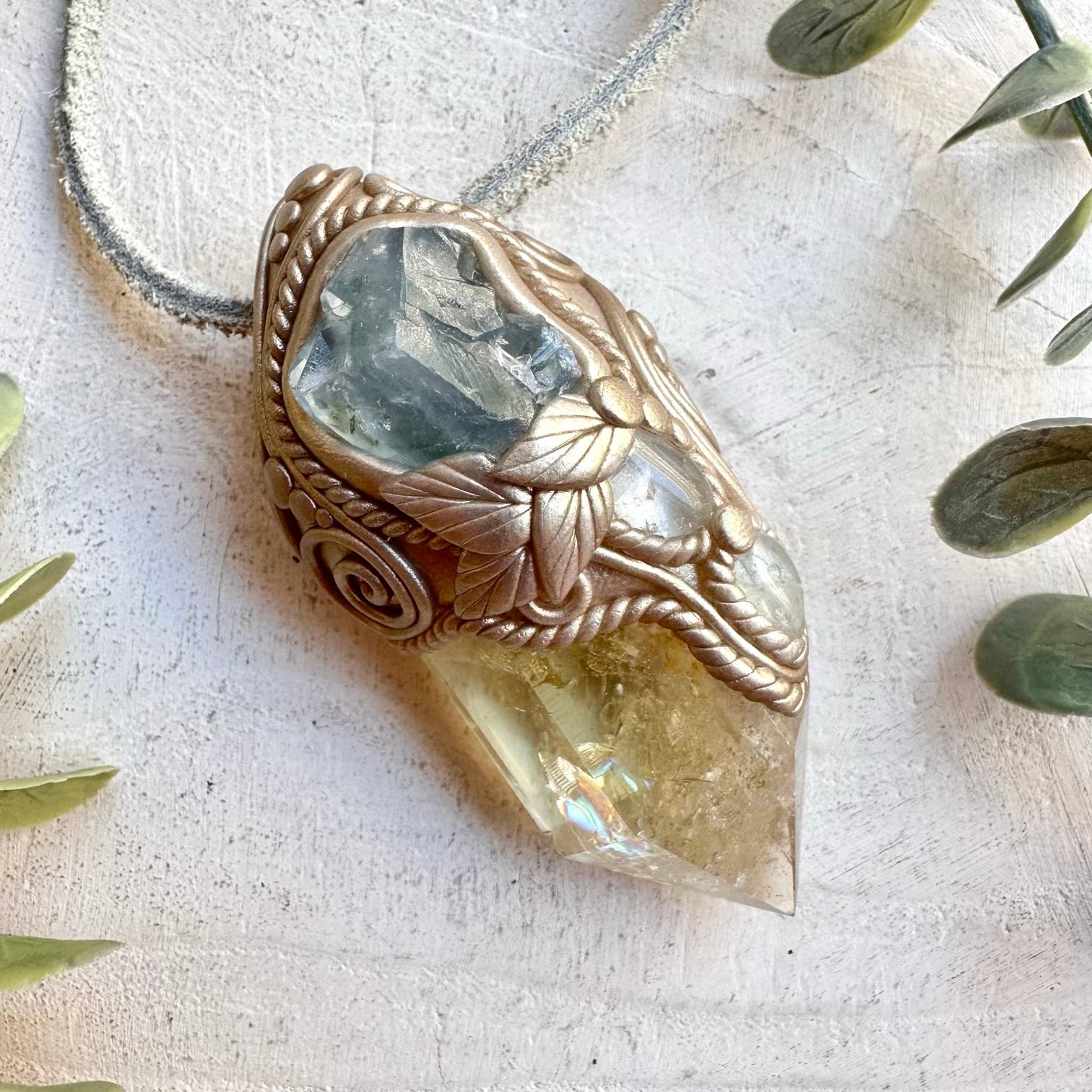 Citrine with Raw Celestite and Clear Topaz wand pendant