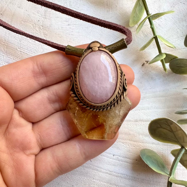 Natural crystal jewelry necklace with citrine and rose quartz
