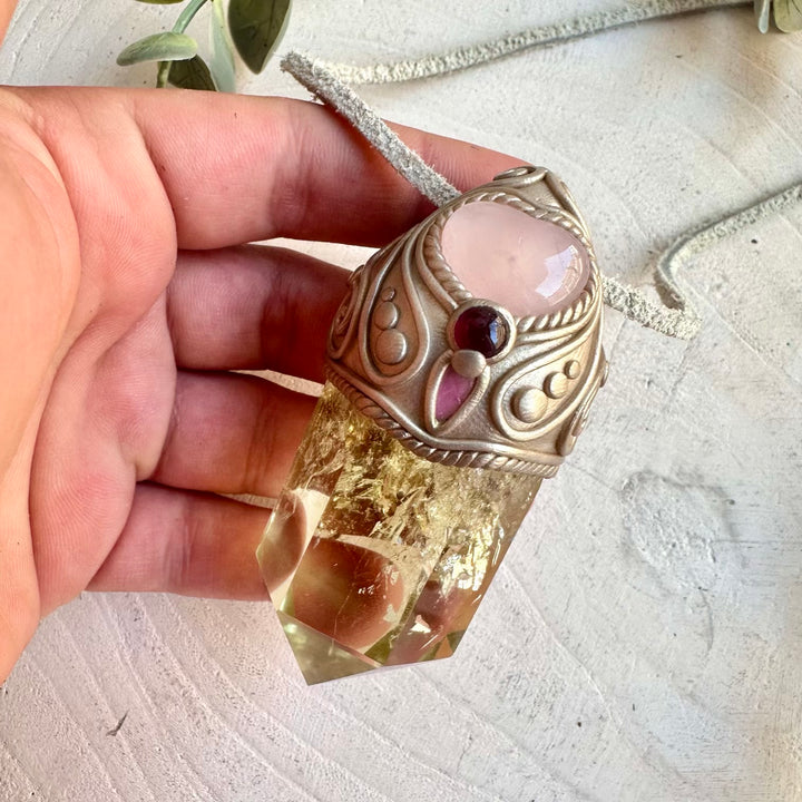 Crystal talisman wand necklace with citrine rose quartz heart and garnet healing crystals