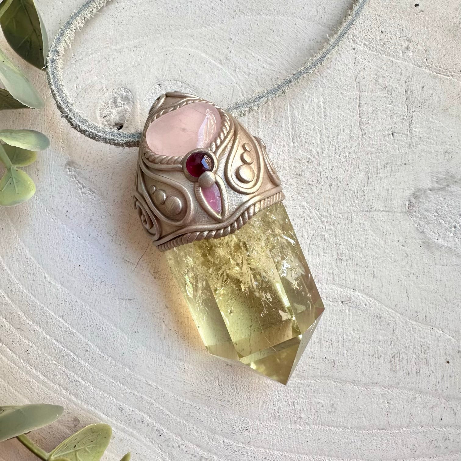 Crystal talisman wand necklace with citrine rose quartz heart and healing gemstones