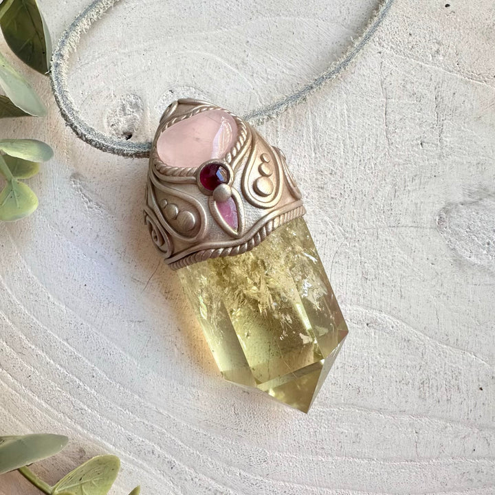 Crystal talisman wand necklace with citrine rose quartz heart and healing gemstones