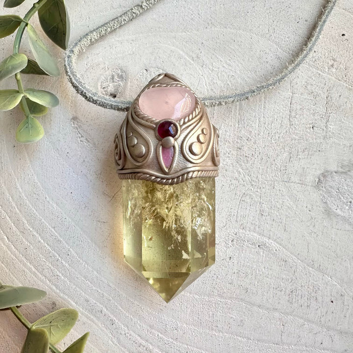 Citrine with Rose Quartz Heart Rhodolite Garnet and Pink Tourmaline wand