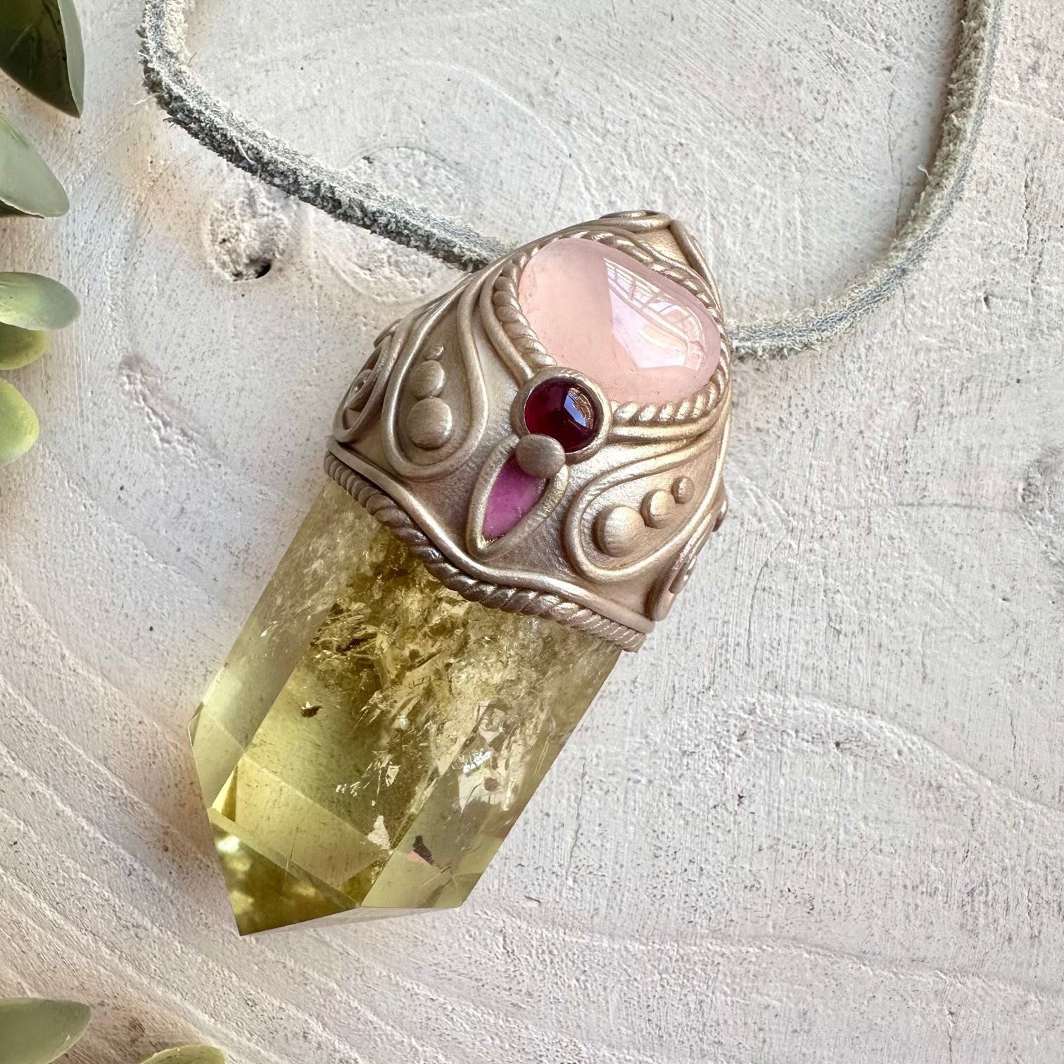 Citrine with Rose Quartz Heart Rhodolite Garnet and Pink Tourmaline wand pendant