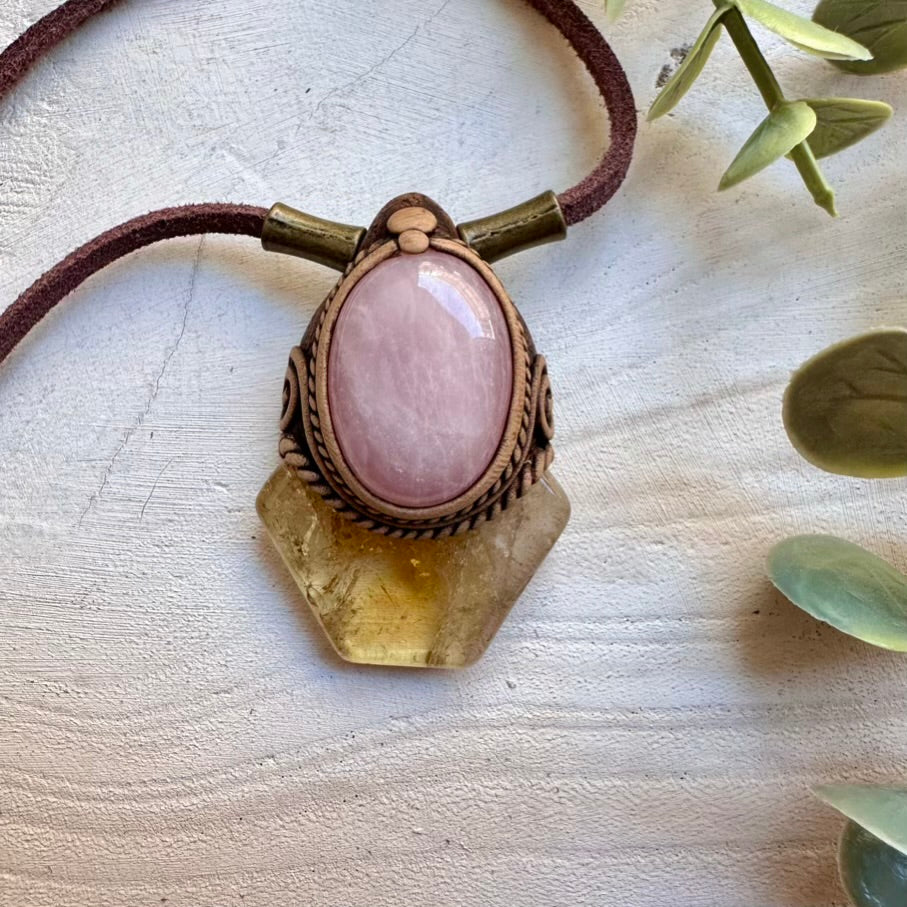 Handmade necklace featuring polished citrine and rose quartz