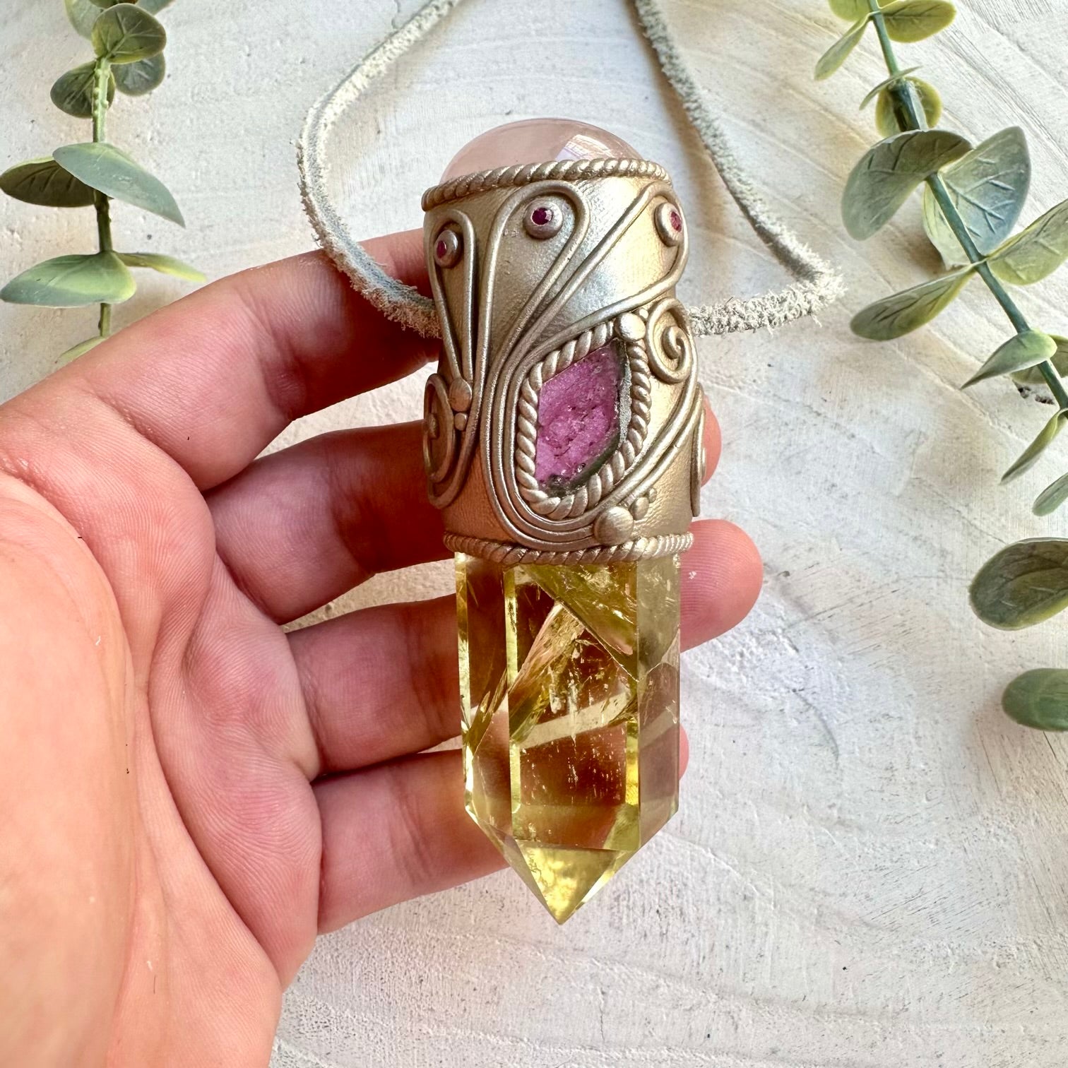 Crystal talisman wand necklace with watermelon tourmaline and rose quartz energy