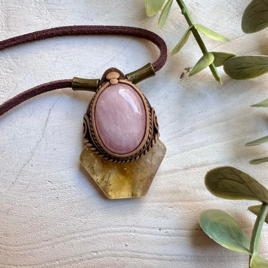 Handmade healing jewelry necklace with citrine and rose quartz