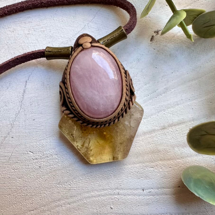 One of a kind natural citrine and rose quartz necklace