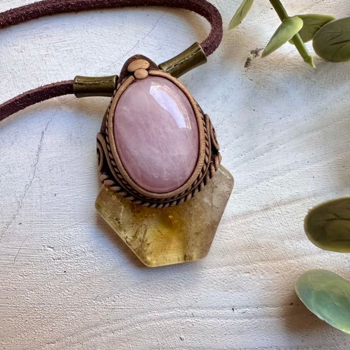 One of a kind natural citrine and rose quartz necklace