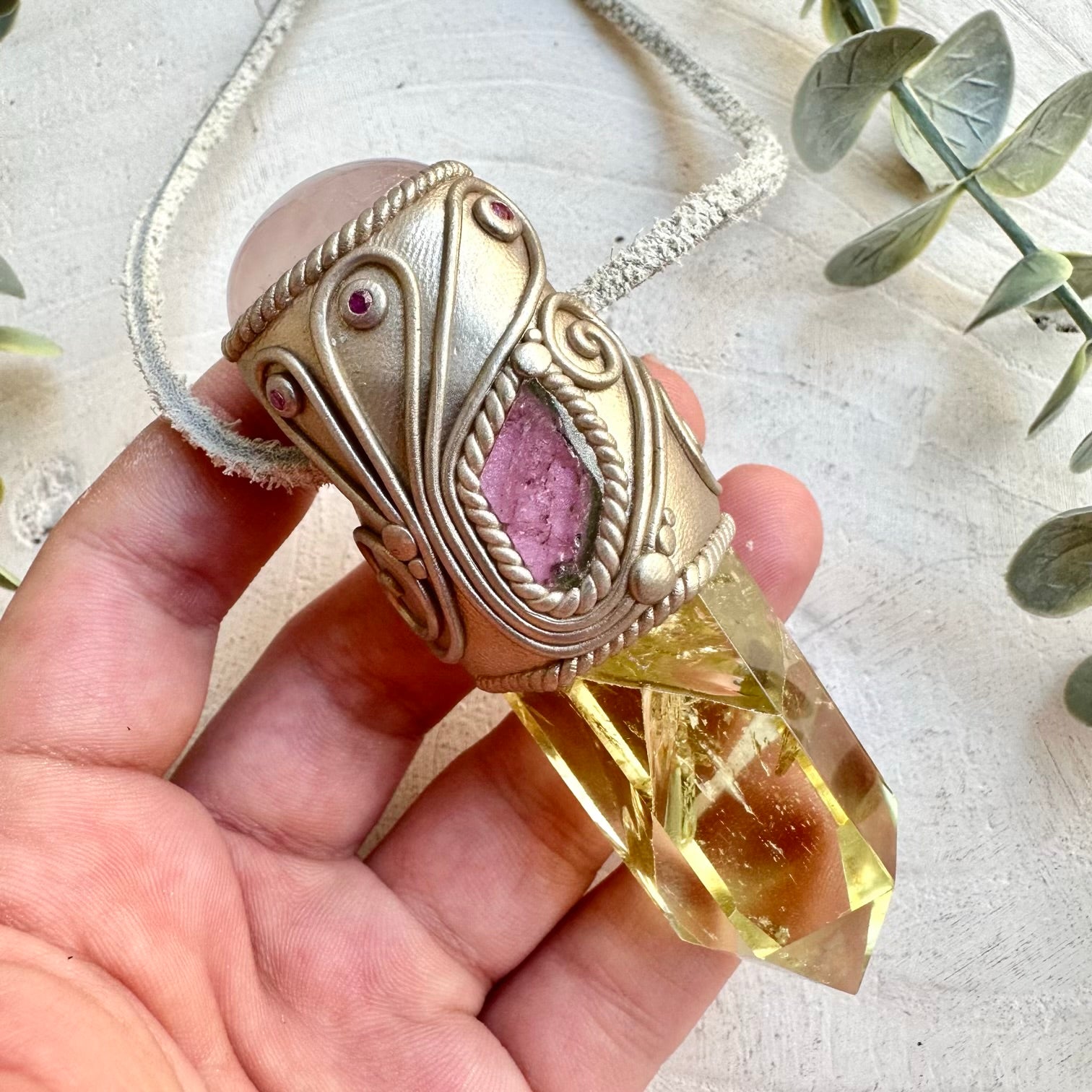 Citrine with Rose Quartz Watermelon Tourmaline and Ruby wand pendant necklace handmade healing crystal tool