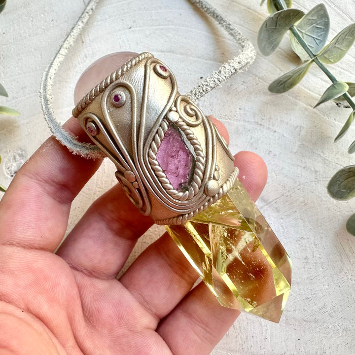 Citrine with Rose Quartz Watermelon Tourmaline and Ruby wand pendant necklace handmade healing crystal tool