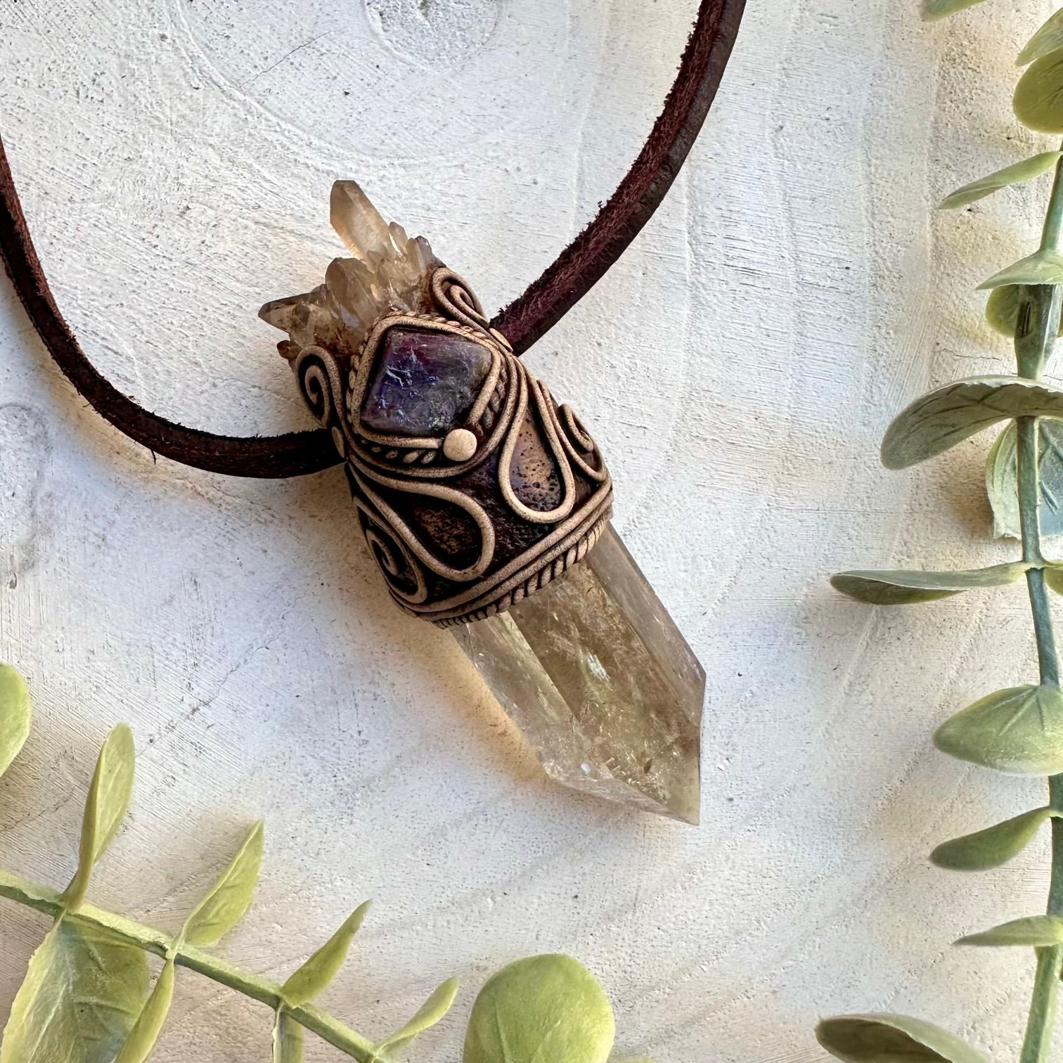 Handmade healing crystal mini wand necklace with citrine and tanzanite