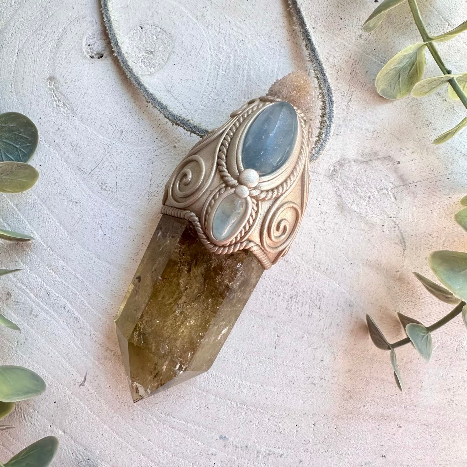 Handmade crystal wand with citrine spirit quartz celestite and blue topaz for manifestation and clarity