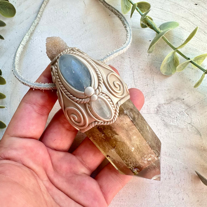 Citrine with Spirit Quartz Celestite and Blue Topaz wand pendant necklace handmade healing crystal tool