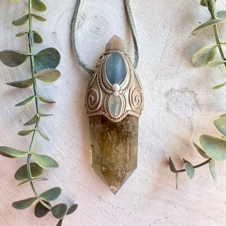 Crystal talisman wand necklace with citrine celestite and blue topaz healing stones
