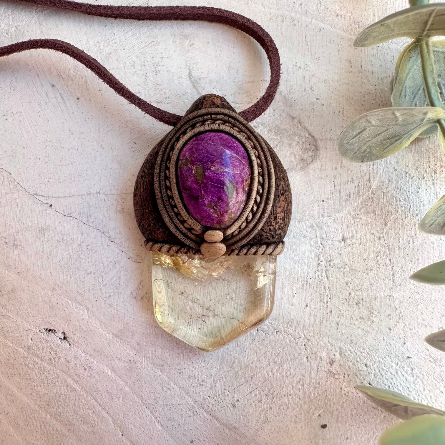 Polished Citrine and Stichtite pendant necklace handmade with natural gemstones