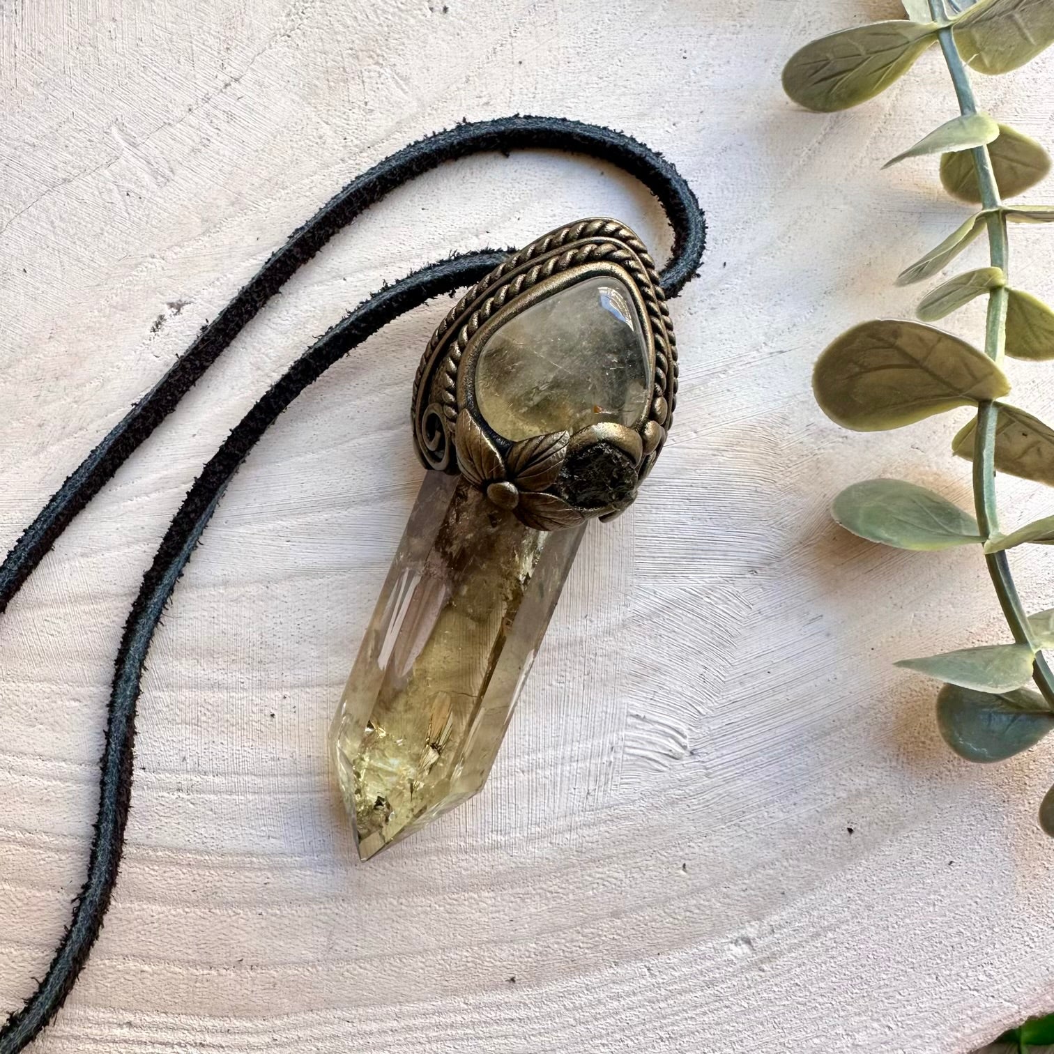 Polished citrine moldavite and topaz energy tool pendant