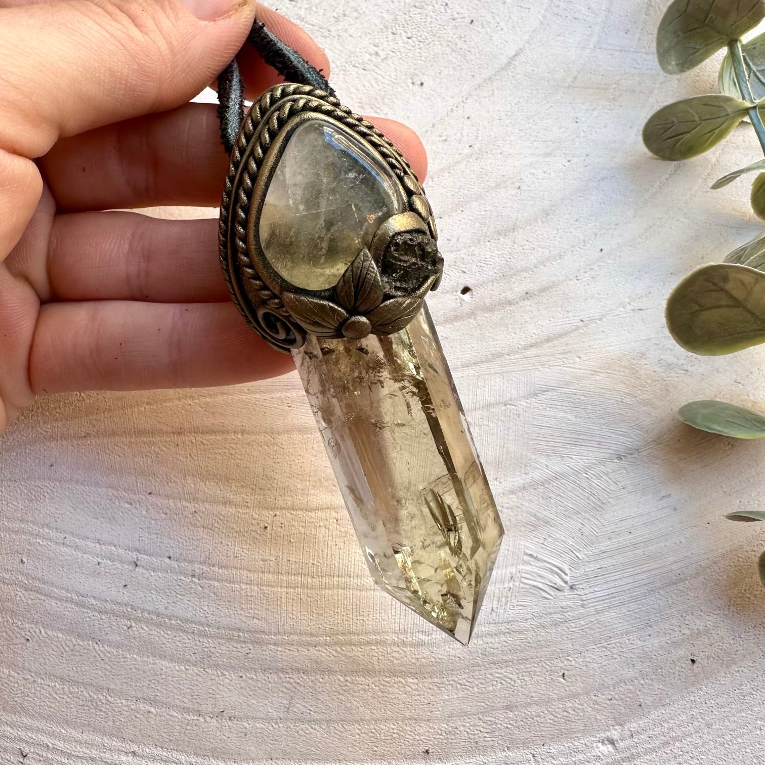 Handmade healing crystal necklace with citrine topaz and moldavite