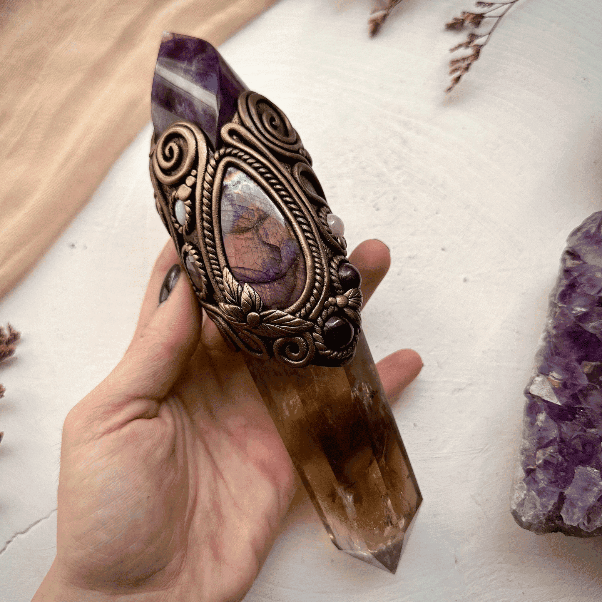Large Citrine Point with Purple Fluorite Flame Labradorite Amethyst Ruby Morganite Strawberry Quartz and Australian Opal Wand - FairyGardenGlow