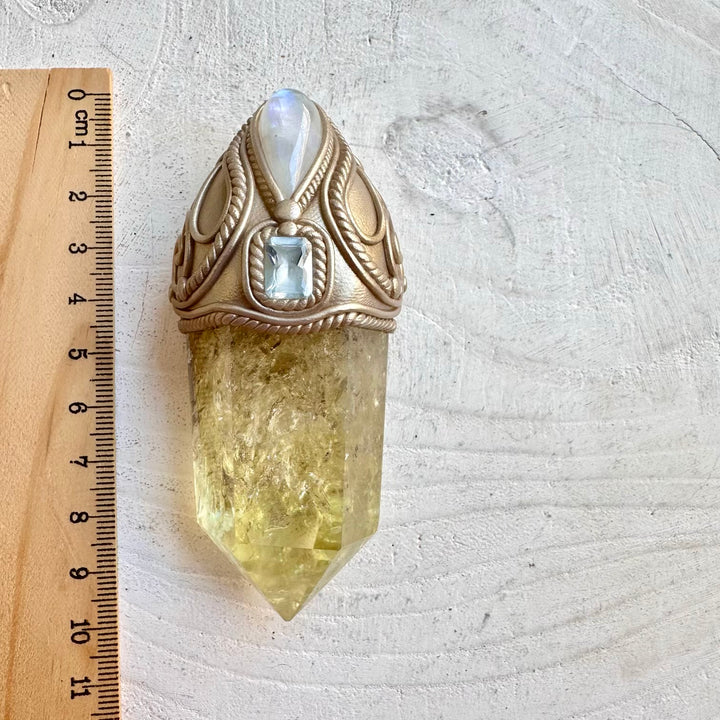 One of a kind handmade crystal wand with citrine tower crystal rainbow moonstone and topaz