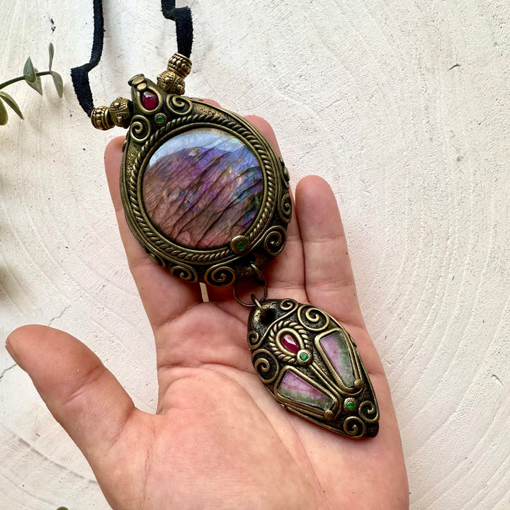 Handmade statement crystal necklace featuring Labradorite with a pair of Watermelon Tourmalines, Rhodolite Garnet and Emerald, a one of a kind crystal talisman designed for intuition, emotional healing, confidence, heart-centered energy and spiritual transformation.