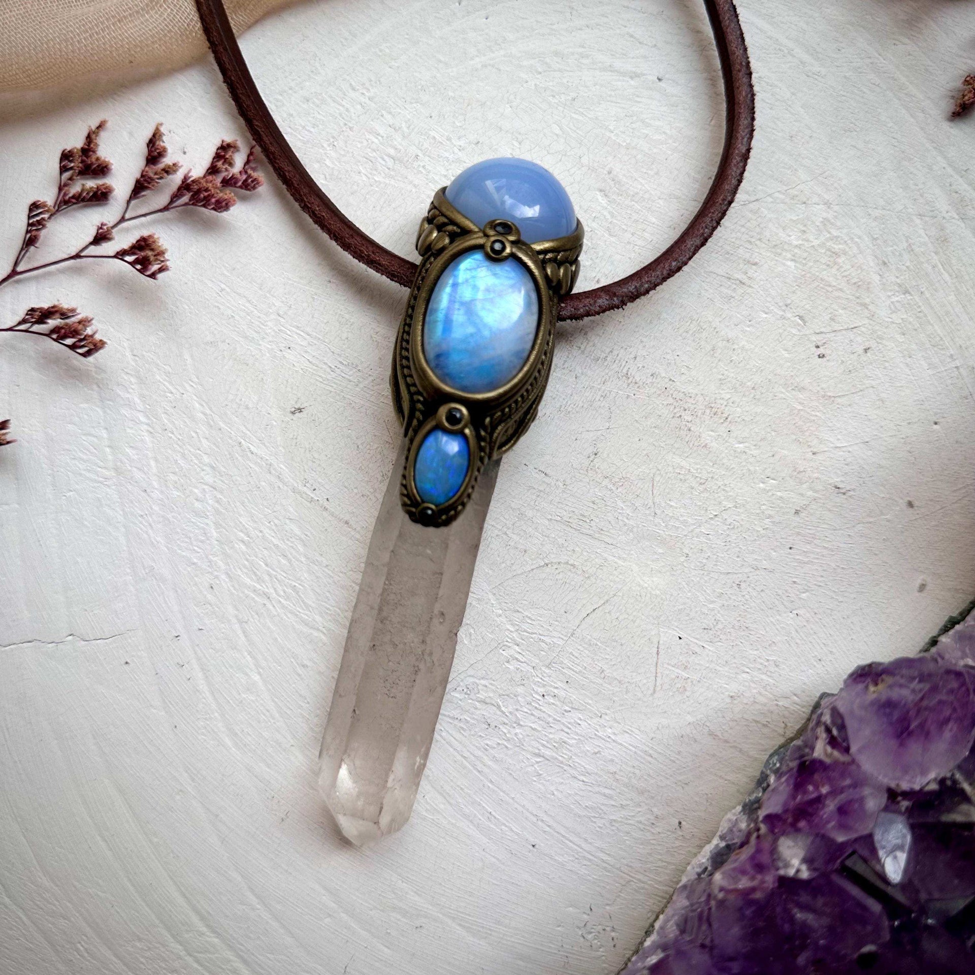 Clear Quartz Blue Chalcedony Rainbow Moonstone Australian Opal and Blue Sapphire Wand / Pendant - FairyGardenGlow