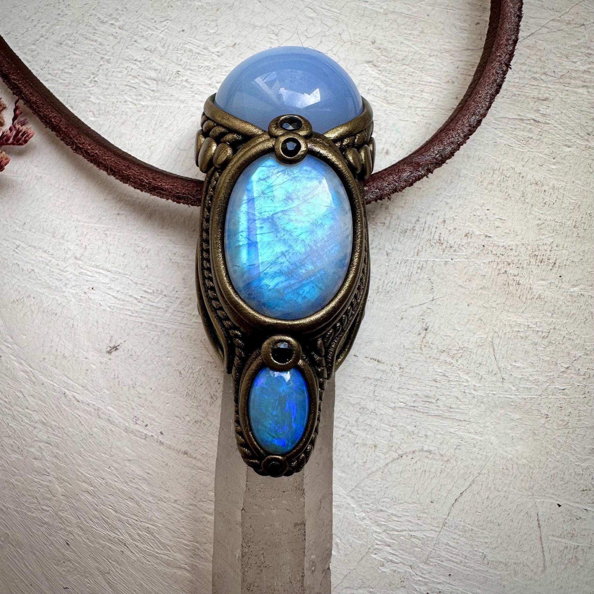 Clear Quartz Blue Chalcedony Rainbow Moonstone Australian Opal and Blue Sapphire Wand / Pendant - FairyGardenGlow